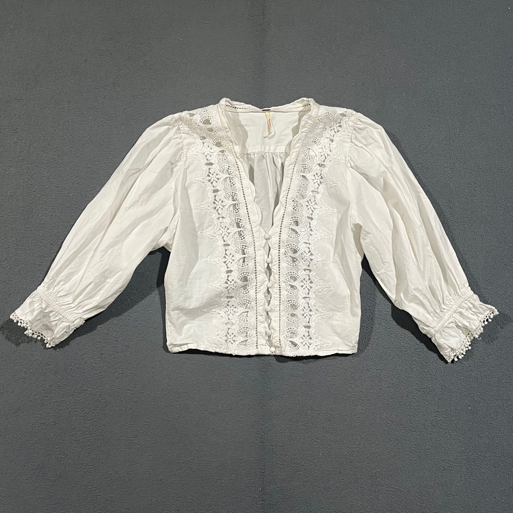 Free People Lace Blouse Womens Small White Long Sleeve Boho Cropped V-Neck Top